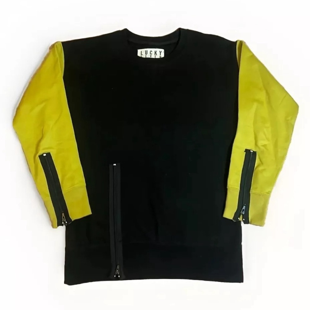 Lucky Seven black and green crew neck sweatshirt with zipper accents